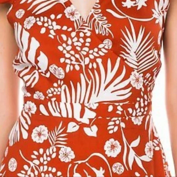 Arnhem Orange and White Tropical Floral Midi wrap Dress - Picture 6 of 9
